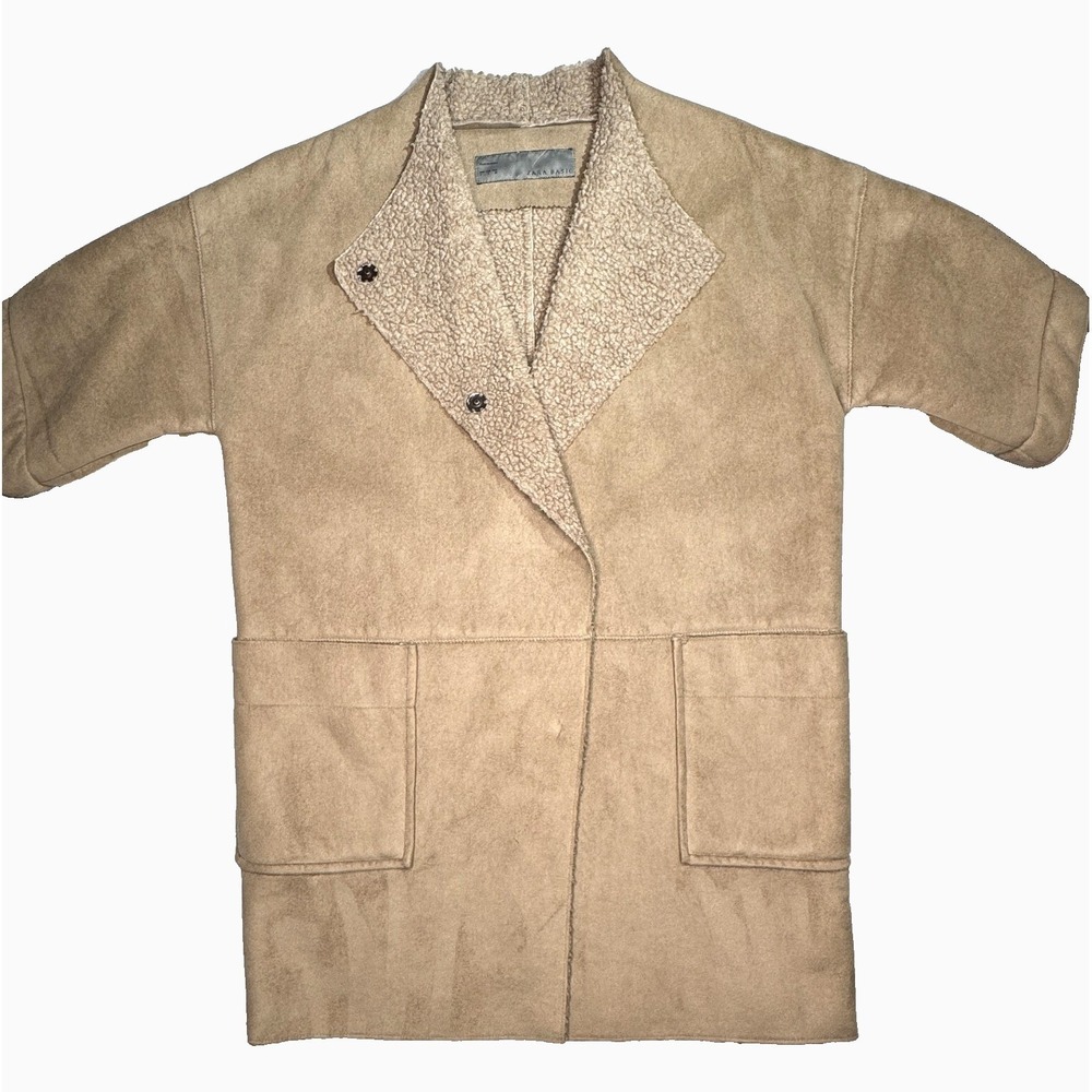 Zara Basic Jacket S Faux Suede Shearling Lined Coat Beige 3/4 Sleeve Mid length